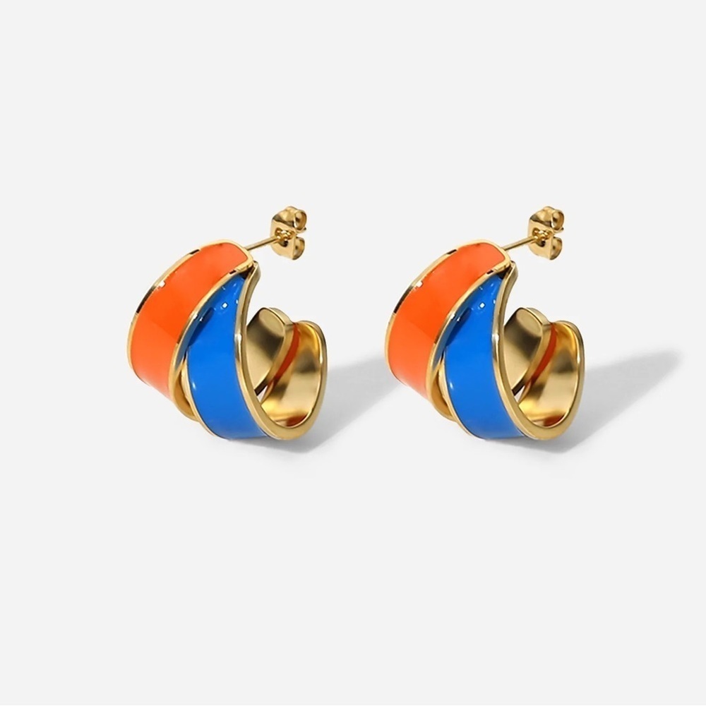 18k Gold Plated Colourful C Shape Glazed Hoop Earrings - Picture 6 of 8